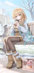  1girl absurdres aizawa_ema aqua_hair bare_tree belt bench blonde_hair blue_eyes boots box breath brown_belt brown_pantyhose buckle cake coffee cold commentary cup dessert disposable_coffee_cup disposable_cup drink enpera food fruit fur-trimmed_boots fur_trim gradient_hair hair_flaps hair_ornament hairclip hairpin highres long_sleeves misoile multicolored_hair open_mouth outdoors pantyhose pocket pom_pom_(clothes) scarf snow snowman solo strawberry tree untranslatable_commentary vspo! winter wooden_bench 