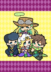  4boys absurdres argyle_background battle_tendency beard black_boots black_coat black_gloves black_hair black_pants blonde_hair blue_eyes blue_pants boots bracelet brown_hair brown_hat cape chibi chibi_only coat commentary_request cowboy_hat diamond_wa_kudakenai facial_hair father_and_child father_and_son fingerless_gloves gakuran gloves goggles goggles_on_headwear gold_teeth green_cape green_eyes green_scarf green_shirt grin gyro_zeppeli hat heart_ornament higashikata_josuke highres hood hoodie horseshoe_hat_ornament horseshoe_ornament in-franchise_crossover jewelry johnny_joestar jojo_no_kimyou_na_bouken joseph_joestar joseph_joestar_(young) kneeling long_hair looking_at_another m_a_a_m_8 male_focus medium_hair multiple_boys orange_sleeves pants parent_and_child peace_symbol pompadour purple_shirt purple_shoes purple_sleeves red_sleeves scarf school_uniform shirt shoes smile spoken_squiggle squatting squiggle star_(symbol) star_print steel_ball_run striped_clothes striped_scarf teeth two-tone_sleeves vertical-striped_clothes vertical-striped_scarf white_hat white_hoodie white_sleeves yellow_shirt 