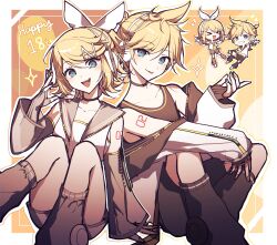  1boy 1girl :3 :d absurdres arm_at_side arm_support art_waven balloon bare_legs bare_shoulders black_boots black_choker black_socks black_tank_top blonde_hair blue_eyes blush boots border bow breasts brother_and_sister chibi chibi_inset choker chromatic_aberration closed_mouth collarbone commentary detached_sleeves elbow_gloves english_commentary feet_out_of_frame fingerless_gloves flipped_hair gloves grey_gloves grey_sailor_collar grey_sleeves grey_socks hair_between_eyes hair_bow hair_ornament hairclip hand_on_own_knee hand_up happy_anniversary headphones highres jacket jacket_partially_removed kagamine_len kagamine_len_(nt) kagamine_rin kagamine_rin_(nt) kneehighs knees_apart_feet_together knees_up long_sleeves loose_socks nail_polish number_tattoo open_clothes open_jacket open_mouth orange_background outline outside_border outstretched_arm pale_skin parallel_hairclips piapro_studio ponytail puffy_long_sleeves puffy_sleeves sailor_collar see-through_clothes see-through_sleeves shirt short_hair short_ponytail short_shorts shorts shoulder_tattoo siblings side-by-side simple_background sitting sleeveless sleeveless_jacket small_breasts smile socks sparkle strapless strapless_shirt swept_bangs tank_top tareme tattoo teeth tongue tongue_out twins upper_teeth_only vocaloid white_border white_bow white_jacket white_outline white_shirt white_shorts wide_sleeves yellow_background yellow_nails yellow_trim 