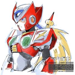  1boy android armor blonde_hair chest_jewel forehead_jewel helmet long_hair male_focus mega_man_(series) mega_man_x_(series) red_armor red_helmet simple_background solo to_i_to_io upper_body white_background zero_(mega_man) 