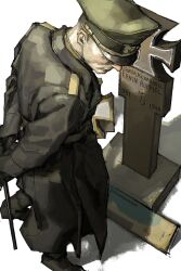  1boy black_coat coat ecku_(eckiiaaoo) erwin_rommel from_above full_body grave hat highres male_focus peaked_cap real_life soldier solo tombstone white_background 