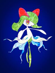  1other blue_background bob_cut colored_skin dress facing_to_the_side green_hair green_skin hair_between_eyes high_contrast highres kirlia multicolored_skin open_hands open_mouth outstretched_arms pokemon pokemon_(creature) pokemon_focus red_eyes skirt tiptoes two-tone_skin umi-be-to vignetting white_dress white_skin white_skirt 