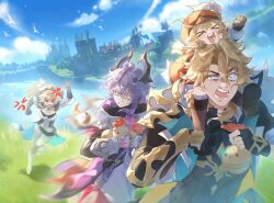  >_< 2boys 2girls :d anger_vein angry armor black_horns blank_eyes blonde_hair blue_eyes breastplate capelet carrying carrying_person chasing child clenched_teeth closed_eyes coat colored_sclera day detached_sleeves dragon_horns durin_(genshin_impact) english_commentary fangs fingerless_gloves fisheye fleeing floating_hair game_screenshot_background gauntlets genshin_impact gloves hair_between_eyes holding horns jean_(genshin_impact) klee_(genshin_impact) long_hair long_sleeves looking_at_another medium_hair motion_blur multiple_boys multiple_girls open_clothes open_coat open_mouth outdoors pants pauldrons purple_hair red_sclera running scared screenshot_background shirt shoulder_armor shoulder_carry single_gauntlet single_glove single_pauldron smile sweat teeth turn_pale v-shaped_eyebrows varka_(genshin_impact) viviwi xd 