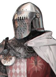  1other aoin armor bascinet cape chainmail coat_of_arms commentary_request covered_face facing_to_the_side helm helmet heraldry original portrait rondel side_cape simple_background solo surcoat white_background white_cape 