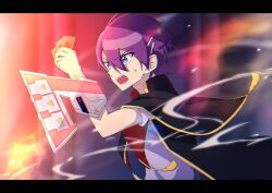  1boy arm_up atltax_00 battle black_capelet blue_eyes blurry blurry_background capelet card constricted_pupils duel_disk embers facing_to_the_side fire hair_between_eyes holding holding_card letterboxed light_particles looking_ahead male_focus night open_mouth outdoors purple_hair purple_shirt shirt smoke sougetsu_gakuto surprised sweatdrop upper_body wind yu-gi-oh! yu-gi-oh!_sevens 