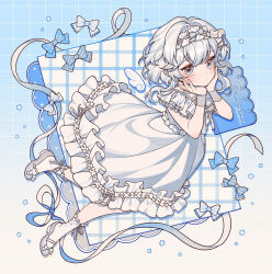  1girl absurdres blue_background blue_bow blush bow closed_mouth commentary commission dress frilled_bow frilled_dress frilled_socks frills full_body gradient_background grey_bow grey_eyes grey_shoes grid_background hair_between_eyes hands_on_own_cheeks hands_on_own_face highres im_honeybread medium_hair mini_wings original polka_dot polka_dot_bow shoes short_sleeves socks solo striped_bow white_bow white_dress white_hair white_socks wings 