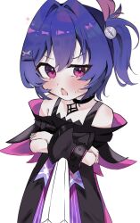  1girl black_jacket choker commentary_request copyright_request crossed_arms flat_chest goth_fashion highres jacket prune_(genshin_impact) purple_hair side_ponytail violet_eyes 