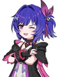  1girl black_jacket choker commentary_request copyright_request fang flat_chest goth_fashion highres jacket nanojade one_eye_closed prune_(genshin_impact) purple_hair side_ponytail smile violet_eyes 