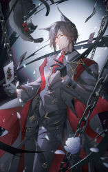  1boy absurdres animal_ears arknights artist_name black_background black_cat black_gloves blue_eyes bow bowtie cape card cat cat_ears chain chinese_commentary commentary_request english_commentary flower frost_bell gloves gradient_background grey_cape grey_suit half_gloves highres joker_(playing_card) looking_at_viewer male_focus miss_christine_(arknights) mixed-language_commentary necktie one_eye_closed phantom_(arknights) phantom_(dream_within_a_dreammare)_(arknights) playing_card red_cape red_necktie rose serious solo suit two-sided_cape two-sided_fabric white_background white_flower white_rose yellow_eyes 
