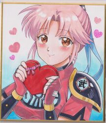  1girl armor black_armor black_trim blue_background blue_ribbon blush box bracer breasts brown_eyes chikoto_(kztc4472) china_dress chinese_clothes closed_mouth commentary dragon_quest dragon_quest_dai_no_daibouken dress fingerless_gloves gloves gold_trim gradient_background hair_ribbon hands_up heart heart-shaped_box heart_background highres holding holding_box looking_at_viewer maam medium_breasts parted_bangs photo_(medium) picture_frame pink_hair red_dress red_gloves ribbon short_hair short_sleeves shoulder_armor sidelocks single_shoulder_pad smile solo traditional_media upper_body valentine white_background 