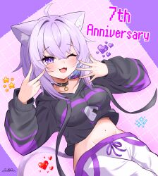  1girl absurdres ahoge animal_collar animal_ear_fluff animal_ears black_collar black_hoodie blush breasts cat_ears cat_girl cat_tail collar commentary_request cropped_hoodie food food_print hair_between_eyes happy_anniversary highres hololive hood hood_down hoodie long_sleeves looking_at_viewer midriff navel nekomata_okayu nekomata_okayu_(1st_costume) one_eye_closed onigiri onigiri_print open_mouth purple_hair ramuneco022 shirt short_hair smile solo stomach tail upper_body v violet_eyes virtual_youtuber 