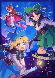  3girls aitommylove alternate_costume black_bow black_bowtie black_cape black_hair blonde_hair blossom_(ppg) blue_eyes blue_hat blue_skirt bow bowtie broom broom_riding bubbles_(ppg) buttercup_(ppg) cape crescent_moon english_commentary frilled_skirt frills green_eyes green_hat green_shorts grin hat highres lantern long_hair looking_at_viewer medium_hair moon multiple_girls one_eye_closed open_mouth orange_hair pink_eyes pink_hat pink_skirt powerpuff_girls shirt short_twintails shorts siblings sisters skirt sky smile star_(sky) starry_sky teeth twintails watermark white_shirt witch_hat 