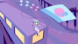  1girl blue_socks bow closed_mouth collared_shirt commentary contrast_collar crossed_legs cyanaqua english_commentary green_hat green_vest hair_ornament hairclip hat hat_bow highres holding_kite kite komeiji_koishi looking_up mismatched_socks multicolored_bow no_shoes on_train pastel_colors shirt short_sleeves shorts sitting smile socks solo striped_shoes third_eye touhou train vest white_shirt white_shorts yellow_bow 