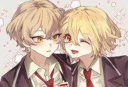  1boy 1girl black_coat blonde_hair coat collared_shirt commentary couple don_quixote_(project_moon) jacket limbus_company long_sleeves looking_at_viewer necktie open_mouth project_moon red_necktie shirt short_hair sinclair_(project_moon) smile white_background white_shirt yama_0511 yellow_eyes 
