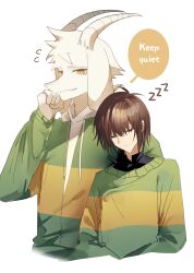  1boy 1other absurdres adoptive_siblings animal_ears asriel_dreemurr brown_hair chinese_commentary closed_eyes commentary_request deltarune english_text furry furry_male goat_boy goat_ears goat_horns green_sweater head_on_another's_shoulder highres hikokisleep247 hood hoodie horns kris_(deltarune) leaning_on_person siblings sleeping striped_clothes striped_hoodie striped_sweater sweater utdr_(toby_fox) zzz 