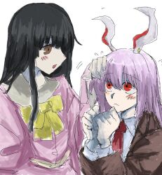  2girls :< animal_ears belt black_hair blush bow bowtie brown_eyes brown_jacket cha_syu_oic clenched_hand closed_mouth collared_shirt flying_sweatdrops formal_clothes hair_between_eyes hand_on_another's_head hand_up hands_up houraisan_kaguya jacket lapels long_hair long_sleeves looking_at_another multiple_girls necktie open_mouth pale_skin petting pink_shirt purple_hair rabbit_ears rabbit_girl red_eyes red_necktie reisen_udongein_inaba shirt sidelocks simple_background single_sidelock smile touhou upper_body white_background white_belt white_shirt wide_sleeves yellow_bow yellow_bowtie 