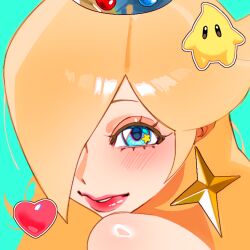  1girl 1other bare_shoulders blonde_hair blue_eyes blush commentary crown earrings english_commentary eyeshadow fruitcrunchi hair_over_one_eye half-closed_eye heart jewelry lipstick long_eyelashes long_hair looking_at_viewer luma_(mario) makeup nintendo parted_lips portrait red_lips rosalina simple_background star_(symbol) star_earrings star_in_eye super_mario_bros. super_mario_galaxy symbol_in_eye thick_lips 