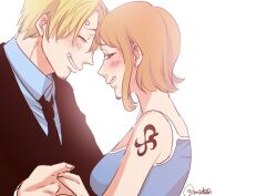  1boy 1girl ^_^ arm_tattoo black_necktie black_suit blonde_hair blue_camisole blue_shirt blush camisole closed_eyes commentary_request curly_eyebrows facial_hair goatee matsuda_(louol) nami_(one_piece) necktie one_piece orange_hair sanji_(one_piece) shirt short_hair smile suit tattoo upper_body 
