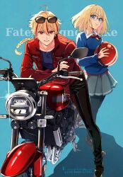  black_pants blonde_hair blue_background blue_sweater braid braided_ponytail command_spell english_text fate/strange_fake fate_(series) glasses helmet highres jacket looking_at_viewer motor_vehicle motorcycle multicolored_hair pants pantyhose red_jacket red_streaks richard_i_(fate) rimuro sajou_ayaka_(fate/strange_fake) simple_background single_braid streaked_hair sweater watermark 