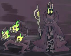  1girl 1other crown crystal extra_arms fire flaming_eye flaming_head full_body green_fire holding holding_staff mage_staff multiple_heads purple_robe purple_theme queen_(slay_the_spire) robe slay_the_spire slay_the_spire_2 songaksi staff torch_head_amalgam 