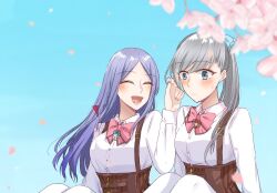  2girls :d ^_^ arm_at_side arms_at_sides assault_lily belt belt_buckle blue_bow blue_eyes blue_hair blue_sky blurry blurry_foreground blush bow bowtie braid breasts brown_belt buckle buttons cherry_blossoms closed_eyes closed_mouth collared_shirt commentary corset day frilled_bow frills grey_hair hair_bow hair_ribbon hand_up high_side_ponytail holding holding_petal houjou_monica_asahi jewelry knees_up long_hair looking_ahead lower_teeth_only ludvico_private_girls'_academy_school_uniform medium_breasts multiple_girls nigari_(ngari_0115) outdoors pantyhose parted_bangs pendant petals pink_bow pink_bowtie red_ribbon ribbon school_uniform shirt side-by-side side_braid side_ponytail single_braid sitting sky smile suspenders sweatdrop tachibana_theresia_nagisa teeth underbust upper_body white_pantyhose white_shirt zipper_pull_tab 