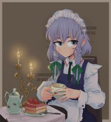  1girl apron archirai artist_name blue_dress bow braid cake candelabra candle candlestand chair closed_mouth collared_shirt commentary commission cup dress expressionless flower food fruit green_bow green_ribbon grey_eyes grey_hair hair_bow highres holding holding_cup izayoi_sakuya long_sleeves looking_at_viewer maid_headdress neck_ribbon on_chair plate ribbon shirt short_hair simple_background sitting solo spoon strawberry table tablecloth tea teacup teapot thick_eyebrows touhou twin_braids ukrainian_commentary watermark white_apron white_shirt 