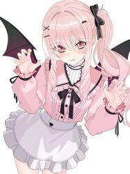  1other akiyama_mizuki apron bat_wings black_bow black_ribbon blouse bow claw_pose commentary frilled_shirt frilled_skirt frills hair_bow hair_ornament heart highres long_hair looking_at_viewer pink_hair project_sekai puffy_sleeves rea_0523 red_eyes ribbon shirt skirt solo twintails vampire white_skirt wings x_hair_ornament 