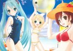  2008 beach beach_ball bikini calender hapido hat hatsune_miku kagamine_rin meiko pireze summer swimsuit twintails vocaloid 