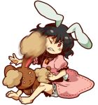  1girl animal_ears bad_id barefoot black_hair buneary bunny_ears carrot clenched_teeth crossover enu_(spinal) face_punching feet inaba_tewi jewelry necklace pokemon pokemon_(creature) punching rabbit_ears red_eyes short_hair simple_background stuffed_animal teddy_bear touhou white_background 