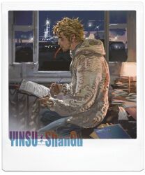 1boy beard beard_stubble blonde_hair casual commentary_request facial_hair highres male_focus messy_hair project_hail_mary ryland_grace solo spacecraft stubble yoku_(liuyc) 