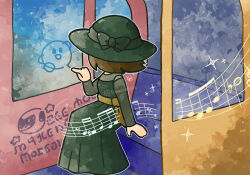  1girl brown_hair commentary_request condensation dress fake_text glass_writing green_dress green_hat hat highres in-universe_location kirby kirby_(series) kirby_and_the_forgotten_land long_sleeves musical_note neichel_(kirby) short_hair signature sitting solo sparkle star-crossed_world star_(symbol) towara6316 window_fog 