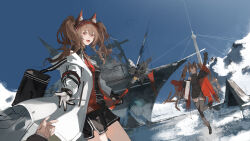  1other 2girls :d absurdres angelina_(arknights) animal_ear_fluff animal_ears arknights arknights:_endfield arm_up bag baoli0606 black_bag black_boots black_collar black_gloves black_shirt black_shorts black_thighhighs blue_sky boots brown_hair coat collar commentary day dot_nose dress dual_persona dutch_angle endministrator_(arknights) english_commentary fang fold-over_boots fox_ears fox_girl gilberta_(arknights) gloves grey_dress hair_between_eyes hairband highres holding holding_staff icebreaker_ship in-franchise_crossover infection_monitor_(arknights) jacket leg_up long_hair looking_at_viewer messenger_bag mountain multicolored_hairband multiple_girls off_shoulder open_clothes open_coat outdoors reaching reaching_towards_viewer red_coat red_eyes red_hairband red_jacket ship shirt short_dress short_shorts shorts shoulder_bag skin_fang sky sleeveless sleeveless_dress smile snow staff standing standing_on_one_leg striped_clothes striped_hairband tent thigh-highs twintails two-sided_gloves two-tone_hairband unzipped watercraft waving white_coat white_gloves 