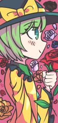  1girl among_us aqua_eyes black_flower black_rose blue_flower blue_rose blush blush_stickers bow closed_mouth contrast_collar cyanaqua english_commentary flower frilled_shirt_collar frilled_sleeves frills green_eyes grey_hat hat hat_bow highres holding holding_flower komeiji_koishi long_sleeves lying on_side red_(among_us) red_flower red_rose rose shirt short_hair smile solo touhou white_flower white_rose wide_sleeves yellow_bow yellow_flower yellow_rose yellow_shirt 