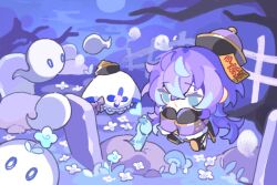  1boy :o bare_tree black_hat black_pants black_shirt blue_hair chibi commentary fence finger_heart flower flower_on_head full_moon ghost grave green_eyes halloween hat highres hoshirube_sho jiangshi_costume long_hair male_focus moon multicolored_hair mushroom night nijisanji ofuda otomo_(hoshirube_sho) outdoors outstretched_arms pants purple_hair purple_sky qingdai_guanmao shirt shuxingbuming_moxiaobai sky solo streaked_hair tree virtual_youtuber white_flower zombie zombie_pose 