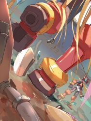  2boys absurdres armor blonde_hair boots feet foot_focus forehead_jewel helmet highres long_hair male_focus mega_man_(series) mega_man_zero_(series) mega_man_zero_3 multiple_boys omega_(mega_man) omochi_(mochi_skymega) red_armor red_boots red_helmet solo_focus standing walking zero(z)_(mega_man) zero_(mega_man) 