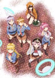  1other 6+girls absurdres aikawa_megumi asakura_karen_(heaven_burns_red) atrans_ko black_hair blonde_hair brown_hair clothes_around_waist commentary_request dual_wielding from_above grey_hair hair_ornament hairpin hat heaven_burns_red highres holding izumi_yuki kayamori_ruka kunimi_tama long_hair multiple_girls narby_(heaven_burns_red) necktie pink_hair red_necktie sailor_hat school_uniform short_hair slime_(creature) team_31a_(heaven_burns_red) toujou_tsukasa 