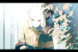  1boy 1other absurdres adoptive_siblings androgynous animal_ears asriel_dreemurr branch brown_hair carrying carrying_person chinese_commentary commentary_request deltarune furry furry_male goat_boy goat_ears goat_horns hair_between_eyes hair_over_one_eye highres hikokisleep247 hood hoodie horns kris_(deltarune) leaf piggyback red_eyes siblings striped_clothes striped_hoodie striped_sweater sweater tree utdr_(toby_fox) walking yellow_eyes 