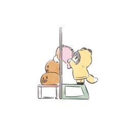  1girl aged_down animal_ear_hood animal_ears animalization anyoji_hime anyoji_hime_(seal) ao_kaeru black_hair chibi fox_ears fox_girl fox_tail green_eyes highres hood hood_up hoodie jack-o'-lantern kurusu_rin link!_like!_love_live! love_live! momose_ginko pants seal_(animal) simple_background stool tail virtual_youtuber voice_actor_connection white_background yellow_hoodie yellow_pants 