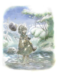  1girl black_hat blue_sky boots bow buttons closed_mouth collared_shirt commentary_request day diamond_button expressionless eyeball forest frilled_shirt_collar frilled_sleeves frills green_hair green_skirt hat hat_ribbon highres holding holding_boots holding_unworn_clothes komeiji_koishi long_sleeves medium_hair menotama missing_headwear nature outdoors ribbon shirt skirt sky solo stream third_eye touhou tree unworn_boots unworn_headwear wading water wide_sleeves yellow_bow yellow_ribbon yellow_shirt 