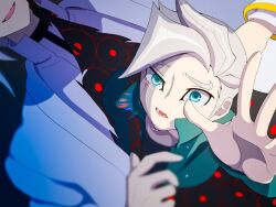  2boys aged_down arm_out_of_frame atltax_00 black_background black_shirt blonde_hair blurry blurry_foreground coat crying crying_with_eyes_open dappled_sunlight evil_grin evil_smile green_coat green_eyes grin half-closed_eye head_out_of_frame lab_coat looking_up male_focus multiple_boys open_clothes open_coat outstretched_arm parted_hair popped_collar shirt smile spectre_(yu-gi-oh!) streaming_tears sunlight tears white_coat yu-gi-oh! yu-gi-oh!_vrains 