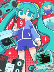  1girl ankle_socks aqua_eyes aqua_hair arm_at_side artist_name bare_legs belt blue_jacket book boombox cd closed_mouth commentary_request computer computer_keyboard deformed drop_shadow feet_out_of_frame fish fishbowl green_scrunchie hair_ornament hair_scrunchie halftone halftone_background hand_up hatsune_miku headphones heart highres holding holding_book jacket long_hair long_sleeves looking_at_viewer multicolored_jacket no_nose open_book outline pepoyo puffy_long_sleeves puffy_sleeves purple_shorts red_background scrunchie shorts sidelocks simple_background smile socks solo sparkle speaker standing tareme twintails two-tone_jacket very_long_hair vocaloid white_belt white_outline white_socks white_trim 