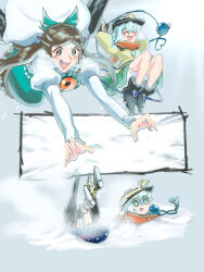  2girls :d atom black_boots black_hat bloomers blush boots bow breath brown_eyes brown_hair buried buttons cape closed_eyes commentary diamond_button dive eyeball frills green_bow green_eyes green_hair green_skirt hair_bow hat heart heart_of_string highres inugami-ke_no_ichizoku_pose juliet_sleeves jumping komeiji_koishi long_hair long_sleeves menotama multiple_girls open_mouth puffy_sleeves reiuji_utsuho scarf shirt skirt smile snow steam textless_version third_eye touhou white_bloomers wings yellow_shirt 