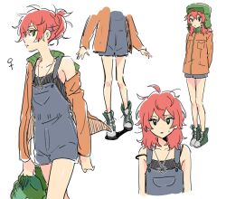  1girl ahoge blue_overalls coat flat_chest genderswap genderswap_(ftm) green_eyes green_hat hair_between_eyes hat kyle_broflovski medium_hair messy_hair orange_coat overall_shorts overalls ponytail red_hair shirt shoes slim_legs sneakers south_park ten_(lu2948d) ushanka 