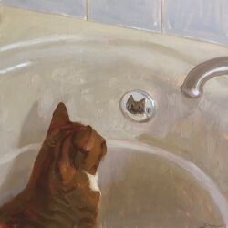  absurdres bathtub cat commentary english_commentary faucet highres no_humans oil_painting_(medium) original painting_(medium) reflection sergiarts still_life tile_wall tiles traditional_media 