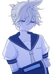  1boy ahoge arm_at_side art_waven backlighting black_sailor_collar black_sleeves blonde_hair blue_eyes blue_theme closed_mouth collarbone commentary detached_sleeves double-parted_bangs english_commentary fingernails frown hair_between_eyes hair_flaps hand_on_own_arm headphones headset highres huge_ahoge kagamine_len long_sleeves male_focus messy_hair necktie pale_skin ponytail puffy_short_sleeves puffy_sleeves raised_inner_eyebrows sad sailor_collar shirt short_hair short_ponytail short_sleeves simple_background solo upper_body vocaloid white_background white_shirt wide_sleeves yellow_necktie yellow_trim 