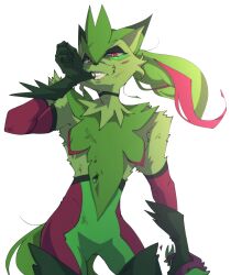  1boy biting body_fur boots cat cat_boy commentary design_speculation drawfee english_commentary fakemon fangs furry gloves green_fur green_hair holding holding_sword holding_weapon injury karina_farek long_hair multicolored_hair pokemon pokemon_(creature) red_eyes sprigatito_(karina_farek) streaked_hair sword tail teeth thigh_boots two-tone_hair weapon 
