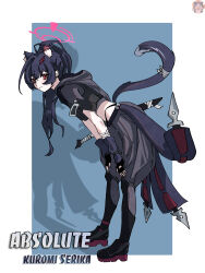  1girl absurdres animal_ears belly black_hair blue_archive blue_background cat_ears cat_tail closed_eyes english_text fingerless_gloves gloves halo highres hood kunai leaning_forward ninja ponytail red_eyes red_halo serika_(blue_archive) shuriken solo tail thanh_thanh weapon white_background 