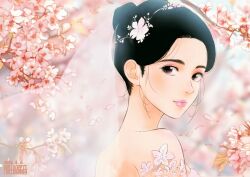  2026 abiru_takahiko bare_shoulders black_hair bridal_veil bride character_name character_request cherry_blossoms commentary_request dated flower hair_flower hair_ornament head_back highres looking_at_viewer looking_back nippon_sangoku pink_lips solo veil 