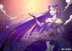  1girl absurdly_long_hair absurdres bare_shoulders clouds cowboy_shot dress gloves gown hair_ornament hand_on_own_chest happy hexagram highres jewelry lace-trimmed_dress lace-trimmed_gloves lace_trim long_hair long_sidelocks looking_up miracle_nikki necklace night nikki_(series) object_floating_above_hand outdoors outstretched_hand print_dress purple_dress purple_gloves purple_hair sidelocks sky solo standing star_(sky) star_(symbol) star_hair_ornament star_necklace star_print star_sea_(nikki) starry_sky strapless strapless_dress upturned_eyes very_long_hair watermark weibo_watermark wind zhishi_chifan_bale 