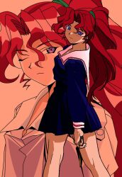  1990s_(style) 1girl :| ;/ anime_coloring blue_serafuku blue_shirt blue_skirt closed_mouth collared_shirt commentary_request curtained_hair expressionless faux_retro_artstyle feet_out_of_frame from_behind hair_tie high-waist_skirt high_ponytail holding light_blush light_frown long_hair long_sleeves looking_at_viewer looking_back matsuda_remi microsoft_paint_(medium) miniskirt multiple_views noobboy_02 one_eye_closed open_collar orange_background orange_theme ponytail projected_inset red_hair retro_artstyle sailor_collar school_uniform serafuku shirt sidelighting simple_background skirt violet_eyes wavy_hair white_sailor_collar white_shirt wing_collar zutto_issho 